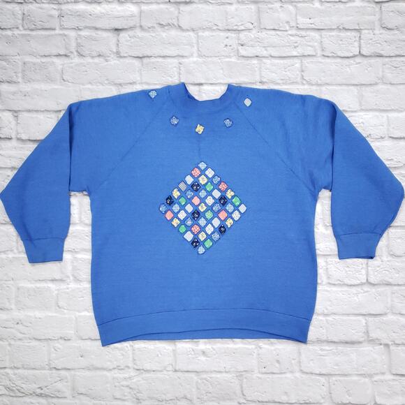 Vintage Tops - Vintage Granny Cottage Folk Patchwork Quilt Blue Sweatshirt Fits S-L